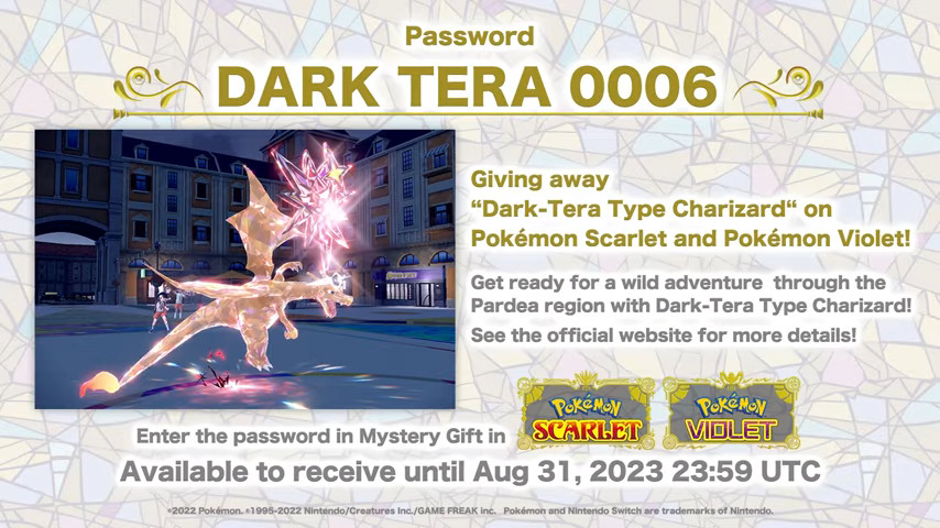 Pokemon Scarlet and Violet Dark Tera Type Charizard: Event, Serial Code