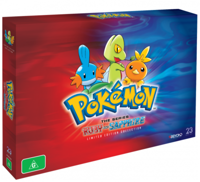 cover' /></a></div>
<br />
<h2>Pokémon Ruby & Sapphire Limited Edition Collection Description</h2>
Pokémon Trainer Ash Ketchum and his best pal Pikachu are headed to the Hoenn region for another great Pokémon adventure! From volcanic Mt. Chimney to the wealth of islands that dot the region’s shores, Hoenn is the land where elements of earth and ocean meet. It’s more than just geology that makes this place special—Hoenn is home to scores of unique Pokémon species that inhabit the land, sea, and every place between. Ash might not be able to see them all, but he’s ready to try!
<br /><br />
He’s also ready to battle his way to the top of the Hoenn League, but his new friend May isn’t interested in Pokémon—she wants to travel the world! That is, until her adventures with Ash inspire her to become a Pokémon Coordinator with championship dreams of her own. Together with May’s little brother Max and Ash’s old friend Brock, Ash and May are off on an epic journey across Hoenn! But when the ruthless forces of Team Aqua and Team Magma shake the region to its very foundations, are three young Trainers—and one know-it-all little brother—ready to confront the forces of evil and save the day?
<br /><br />
Sources: <a href=