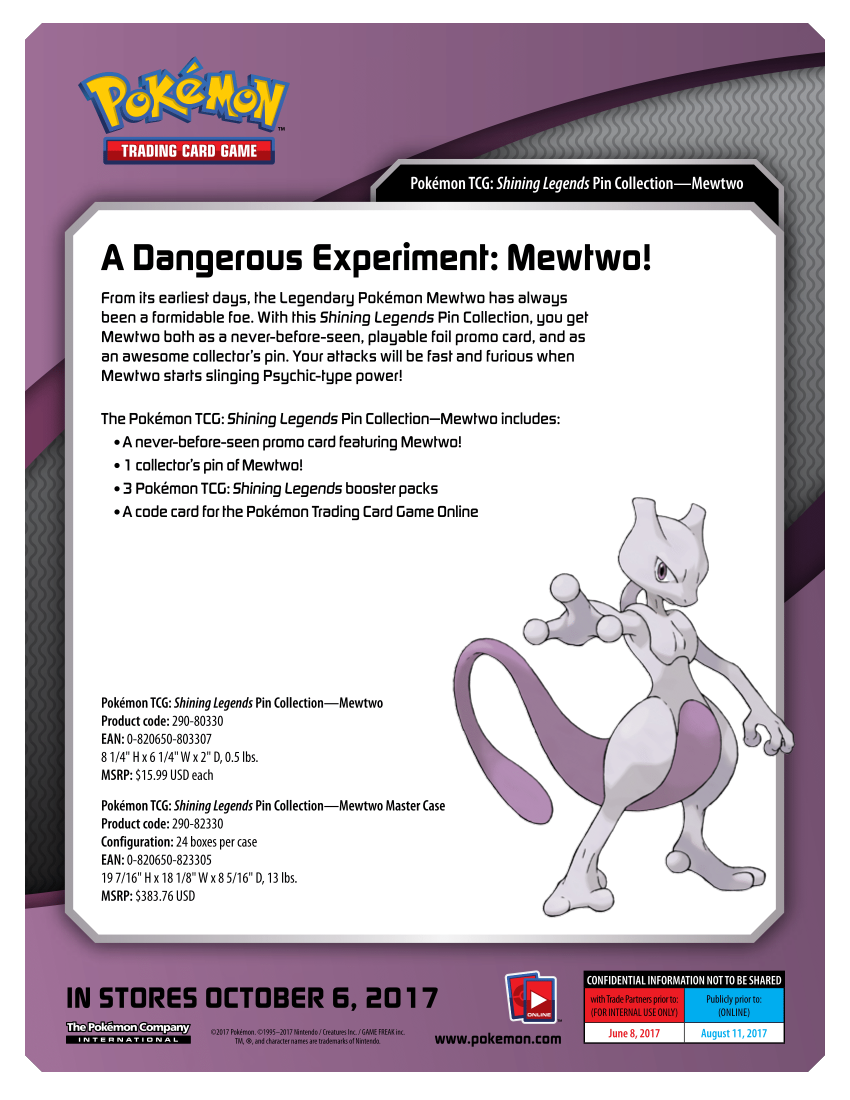 Pokemon MEWTWO October 2017 - NEW COLLECTOR'S PIN SHINING LEGENDS.