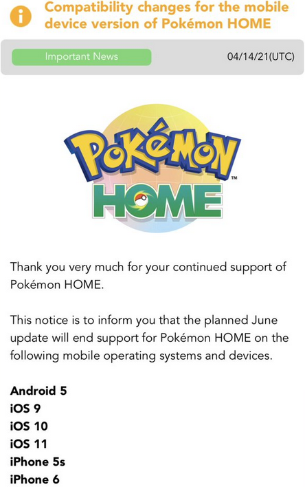 Pokémon HOME June Update Will End Compatibility With Select Smartphones