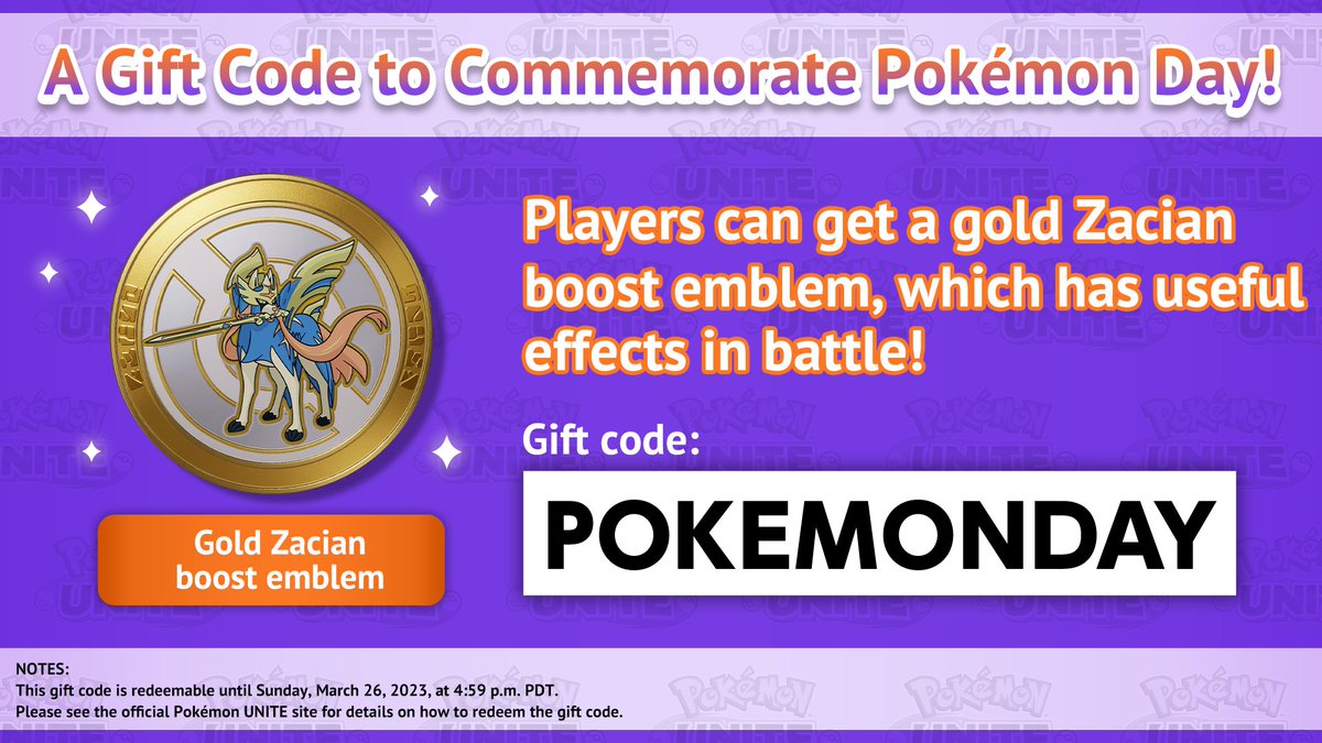 snijden Elke week genoeg Pokémon UNITE - Pokémon Day 2023 Codes - Free Gold Zacian Emblem / Knight  Style: Charizard Rental - PocketMonsters.Net